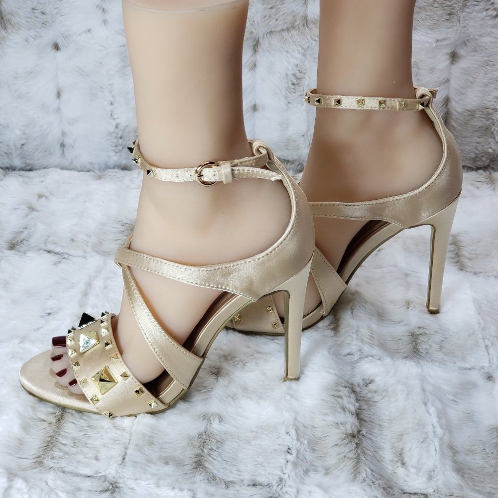 Red Cherry Gold Cross Strap 4.5" Stiletto High Heel Shoes Sizes Varies - Picture 8 of 9